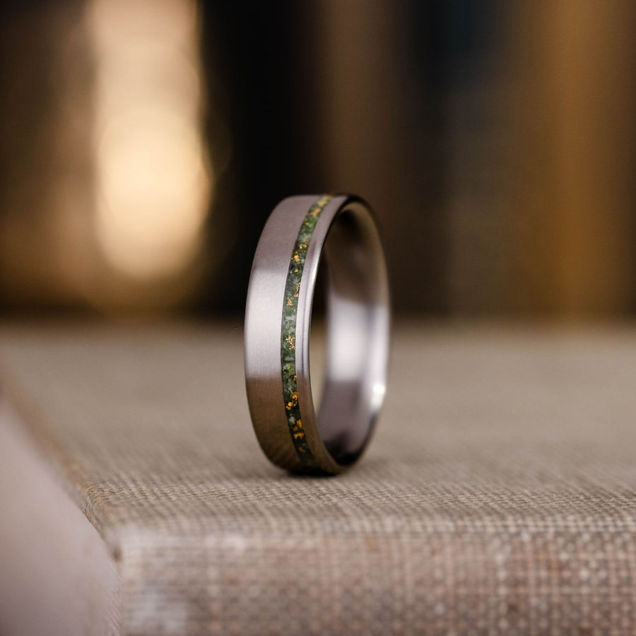 mens-high-polished-titanium-wedding-band-green-imperial-diopside-gold-flakes-rustic-and-main