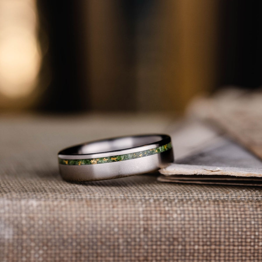 mens-high-polished-titanium-wedding-band-green-imperial-diopside-gold-flakes-rustic-and-main