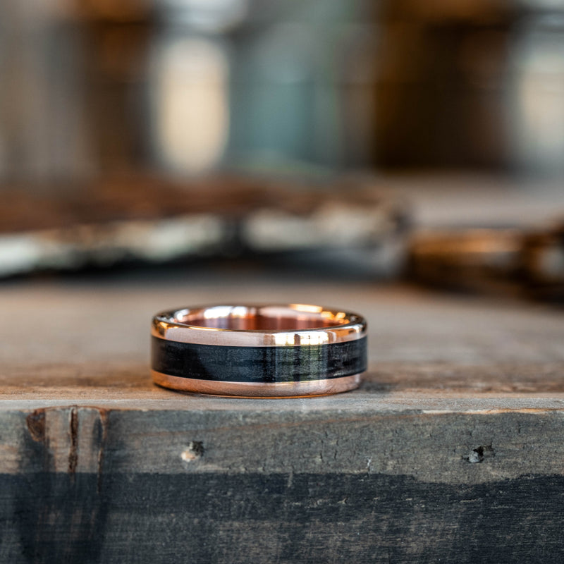 (In-Stock) The Speakeasy Gold - Men's 10k Rose Gold Wedding Band with Black Whiskey Barrel Wood - Size 10 | 8mm Wide