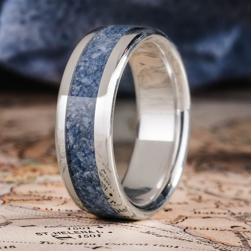 YIKOXI 8mm Men's Stainless Steel Ring - Blue Beveled Edge Wedding Band, Size 7-12