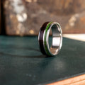(In-Stock) The Sage in Silver | Men's Sterling Silver Wedding Band with Rosewood & Green Imperial Diopside - Size 11 | 8mm Wide