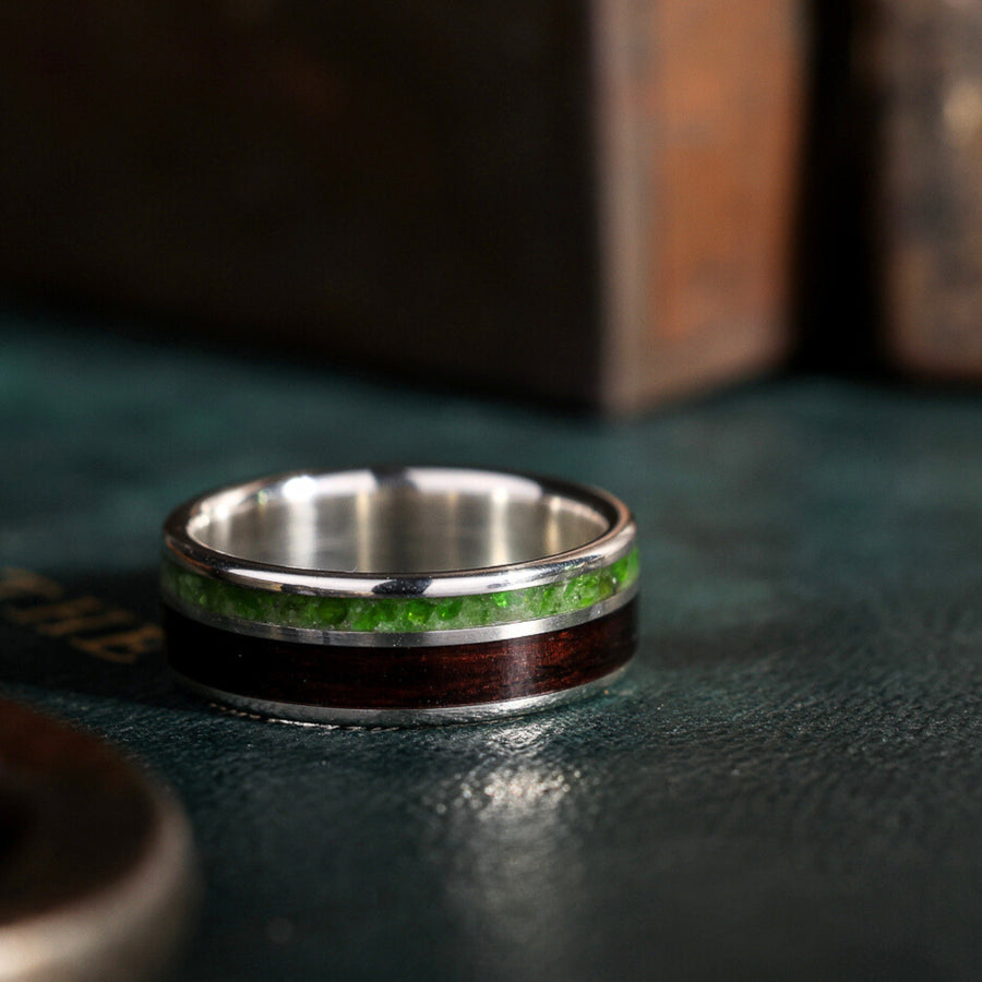 (In-Stock) The Sage in Silver | Men's Sterling Silver Wedding Band with Rosewood & Green Imperial Diopside - Size 11 | 8mm Wide