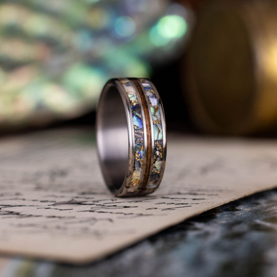 mens-titanium-wedding-band-Hawaiian-koa-wood-abalone-shell-gold-flakes-the-shield-rustic-and-main