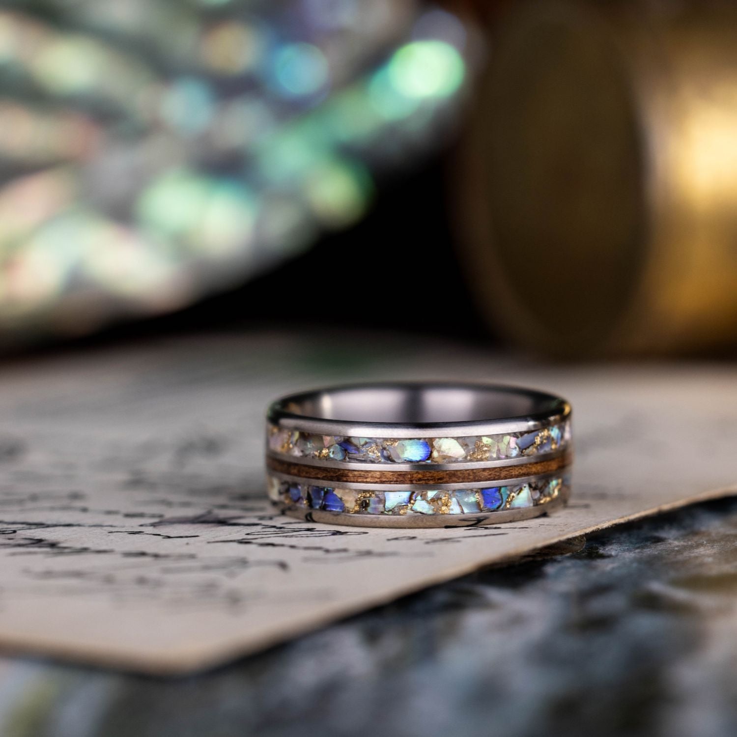The Shield |Men's Titanium Ring with Hawaiian Koa, Abalone Shell