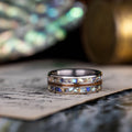 mens-titanium-wedding-band-Hawaiian-koa-wood-abalone-shell-gold-flakes-the-shield-rustic-and-main