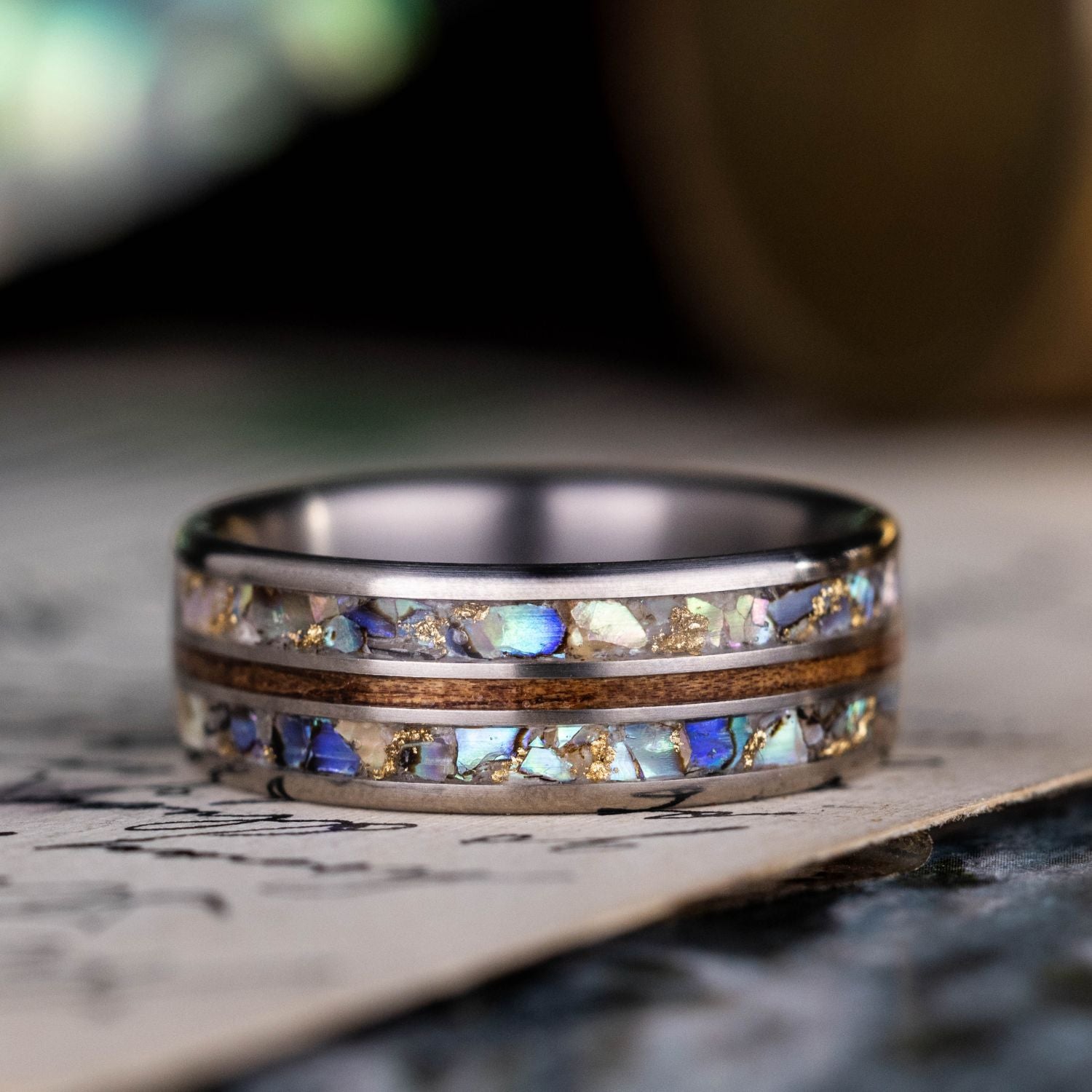 The Shield |Men's Titanium Ring with Hawaiian Koa, Abalone Shell