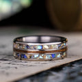 mens-titanium-wedding-band-Hawaiian-koa-wood-abalone-shell-gold-flakes-the-shield-rustic-and-main