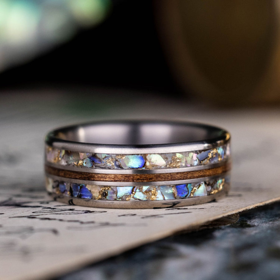 mens-titanium-wedding-band-Hawaiian-koa-wood-abalone-shell-gold-flakes-the-shield-rustic-and-main