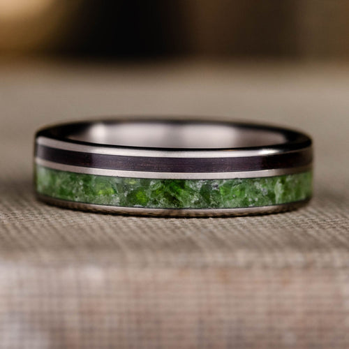 mens-titanium-wedding-band-green-imperial-diopside-rosewood-inlays-rustic-and-main