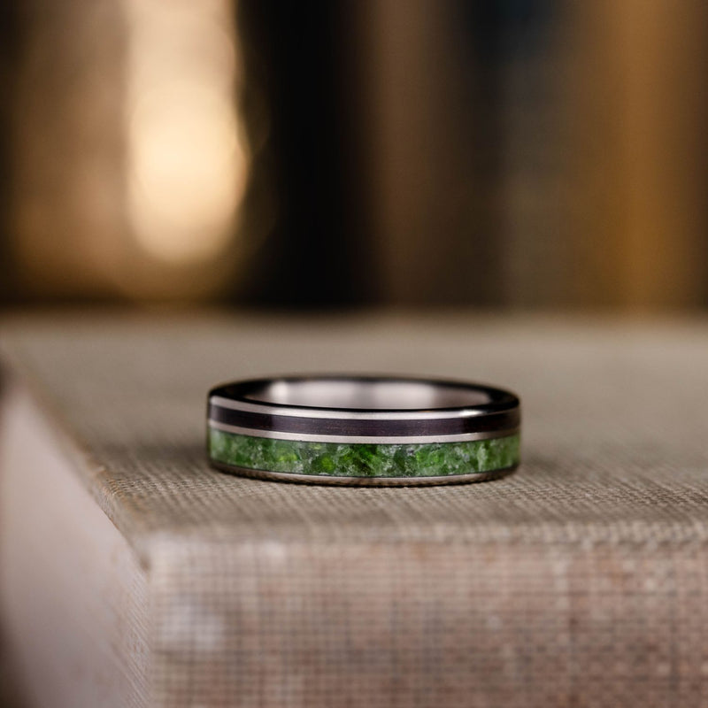 mens-titanium-wedding-band-green-imperial-diopside-rosewood-inlays-rustic-and-main