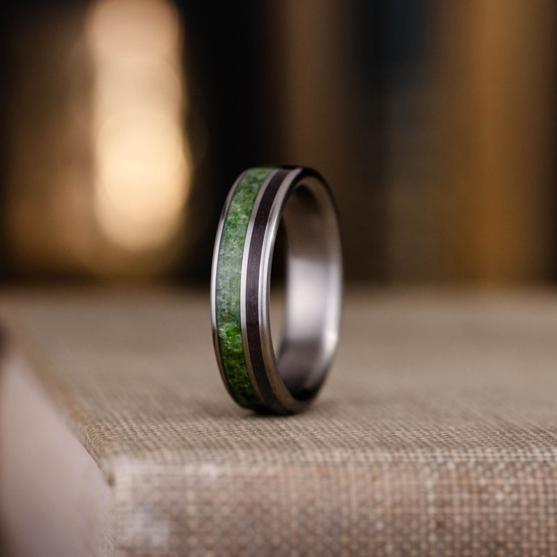 mens-titanium-wedding-band-green-imperial-diopside-rosewood-inlays-rustic-and-main