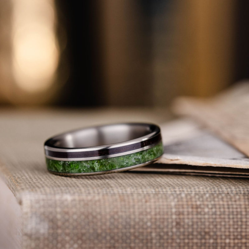 mens-titanium-wedding-band-green-imperial-diopside-rosewood-inlays-rustic-and-main