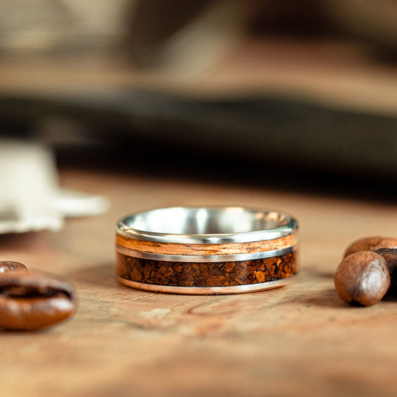 mens-titanium-wedding-band-natural-whiskey-barrel-wood-coffee-the-trek-rustic-and-main