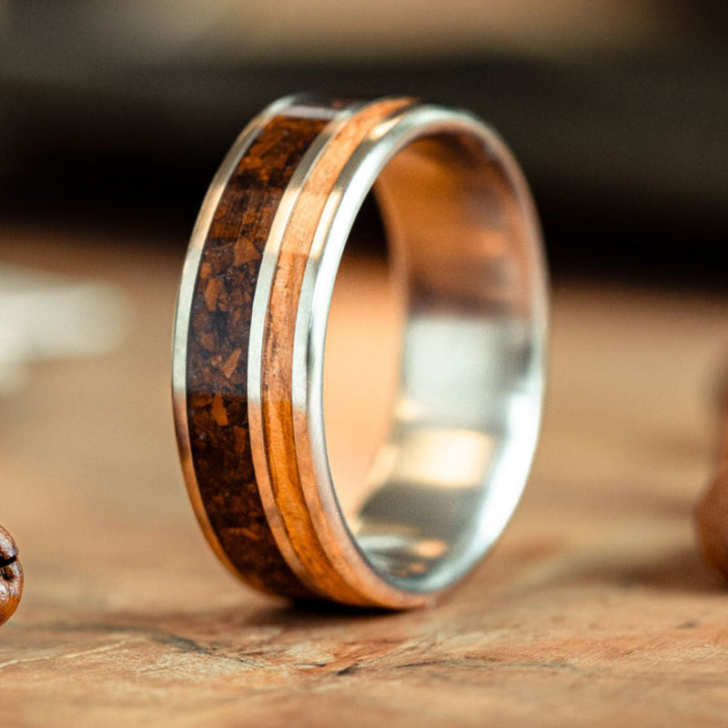mens-titanium-wedding-band-natural-whiskey-barrel-wood-coffee-the-trek-rustic-and-main