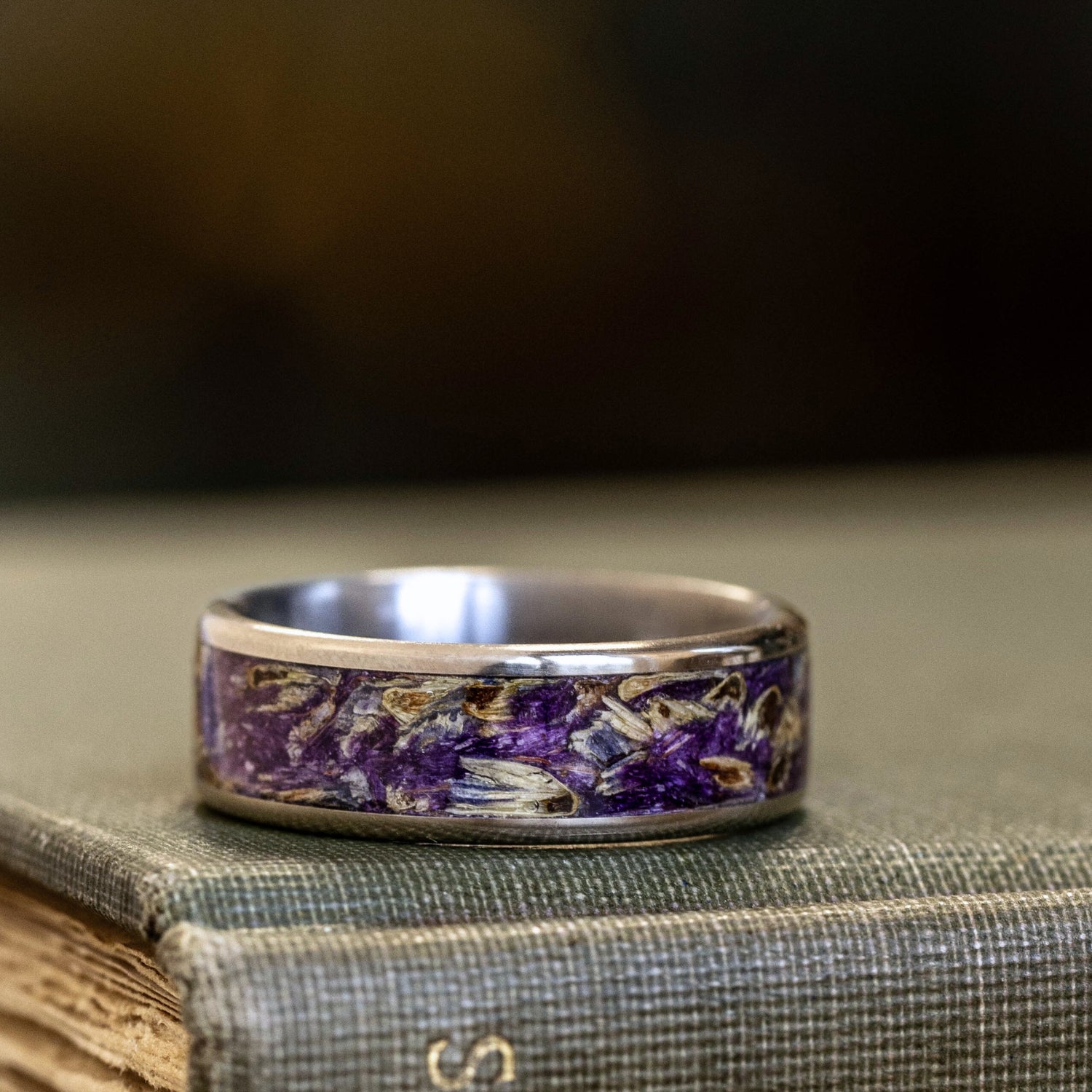 GENTS ZIRCONIUM WEDDING BAND WITH GOLD AND PURPLE BURL WOOD ACCENTS -  Howard's Jewelry Center