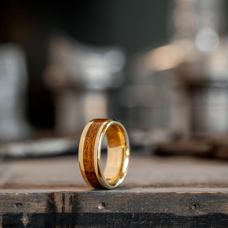 (In-Stock) The Gold Rush | Men's 14k Yellow Gold Wedding Band with USS California Battleship Teak Wood - Size 9.25 | 8mm Wide