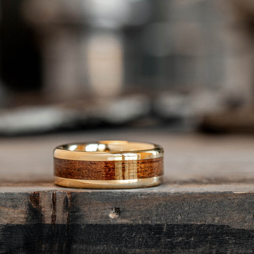 The Gold Rush | Men's Gold Wedding Band with USS California Battleship Teak Wood