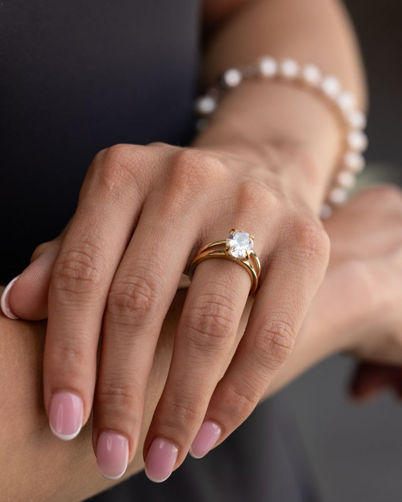 Oval Diamond Solitaire & Gold Stacking Band Bridal Set