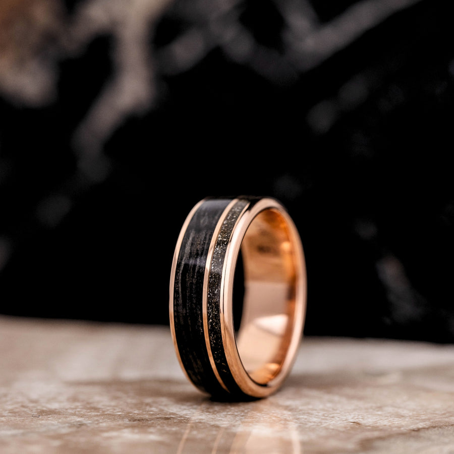 The Midnight Barrel | Men's Gold Whiskey Barrel Wood & Black Meteorite Wedding Band