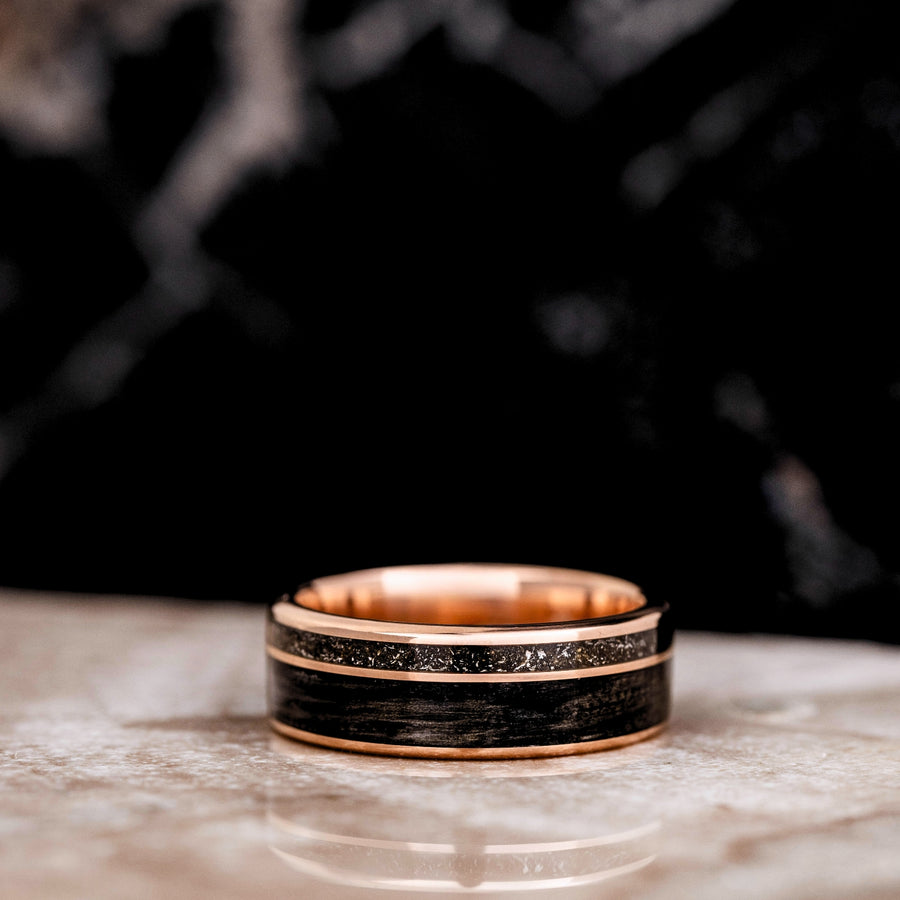 The Midnight Barrel | Men's Gold Whiskey Barrel Wood & Black Meteorite Wedding Band