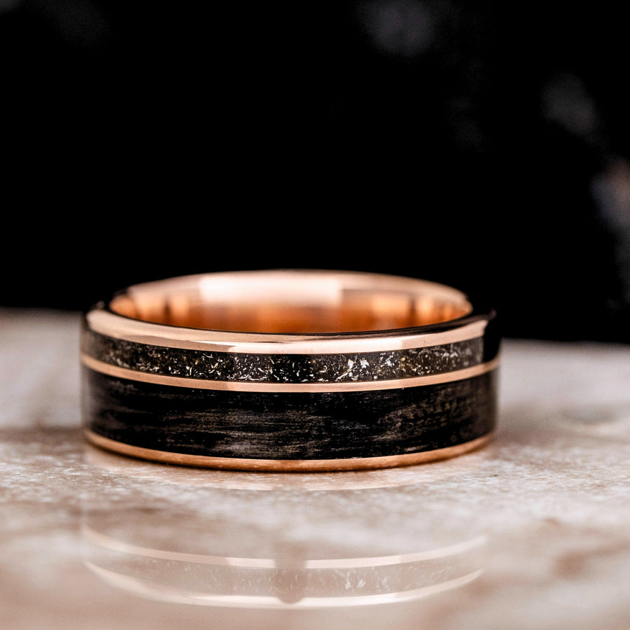 The Midnight Barrel | Men's Gold Whiskey Barrel Wood & Black Meteorite Wedding Band