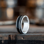 The Midnight Barrel in Silver | Men's Silver Wedding Band with Whiskey Barrel Wood & Meteorite