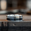 The Midnight Barrel in Silver | Men's Silver Wedding Band with Whiskey Barrel Wood & Meteorite