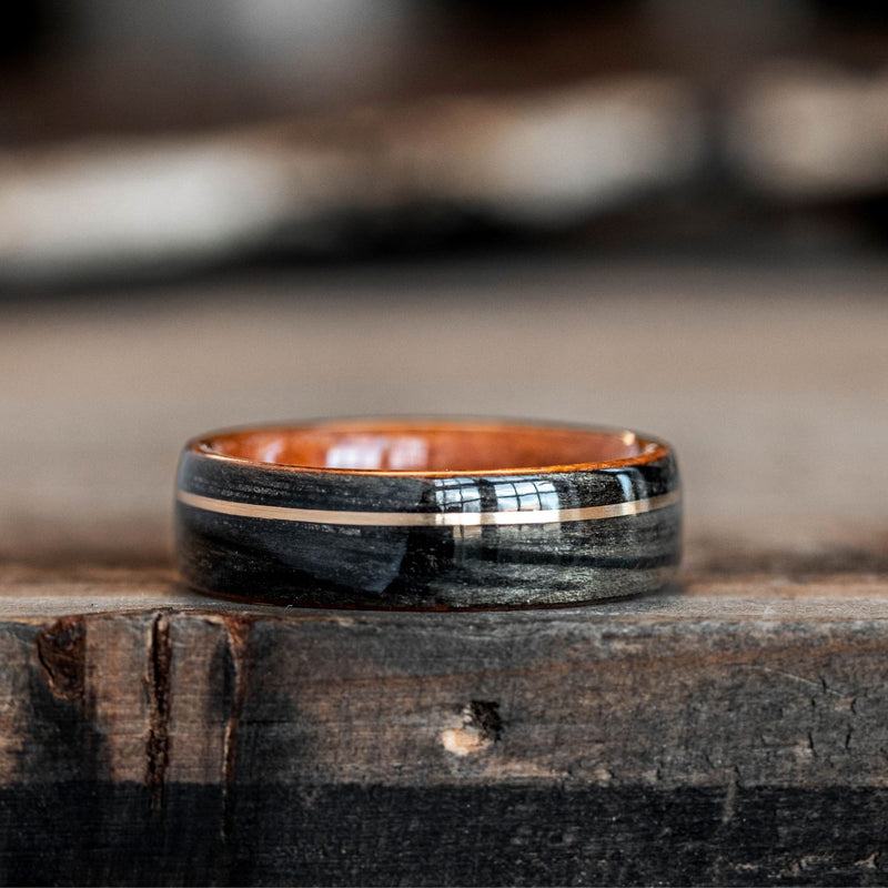 old-fashioned-wooden-ring-black-whiskey-barrel-wedding-band-offset-14k-yellow-gold-inlay-rustic-and-main