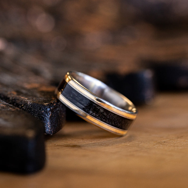     oxford-don-mens-black-whiskey-barrel-wood-dual-14k-yellow-gold-inlay-titanium-ring