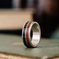 (In-Stock) The Pacific | Men's Sterling Silver Wedding Band with Koa Wood & Air Force Flight Suit - Size 10.75 | 8mm Wide