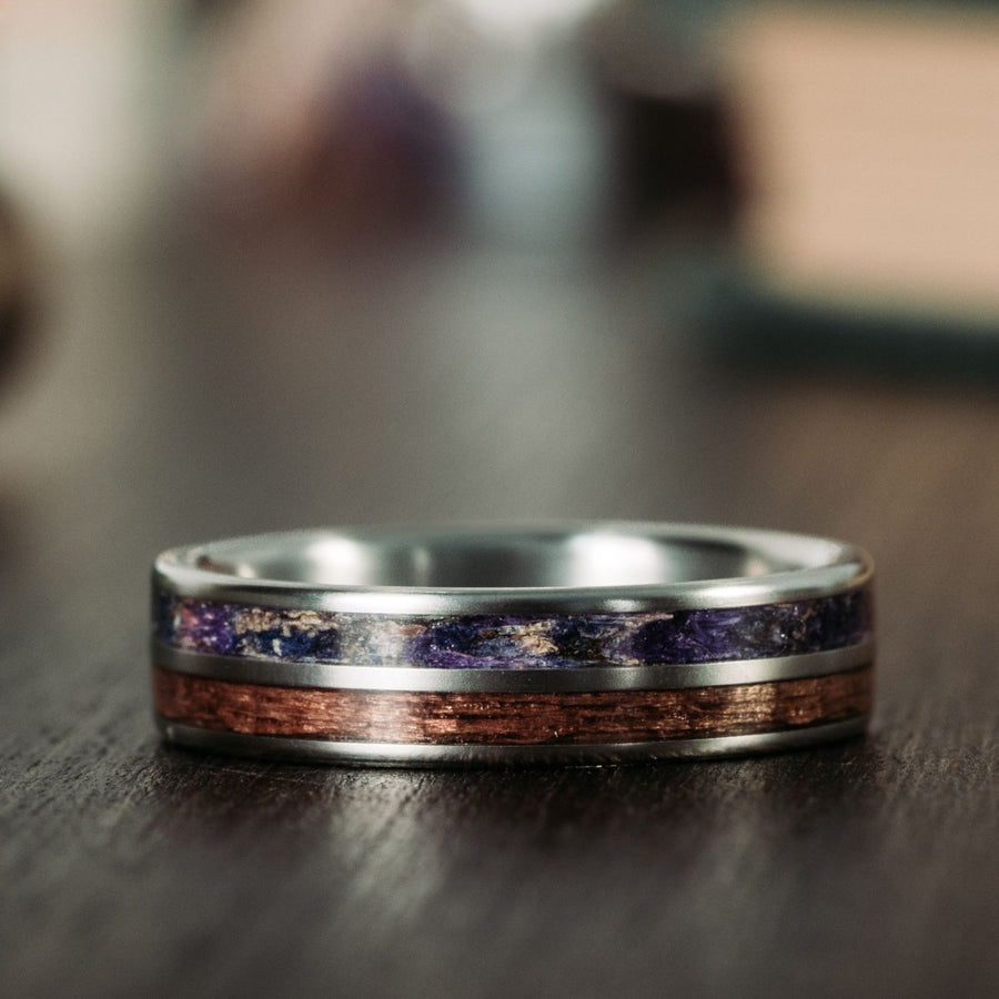 percival-titanium-wedding-band-antique-barn-walnut-wood-sea-lavender