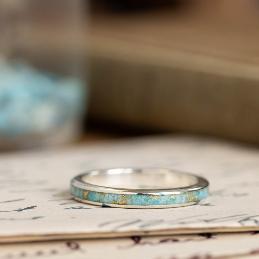 (In-Stock) The Phoenix | Women's Sterling Silver Ring with Turquoise & Gold Flakes - Size 8 | 3mm Wide