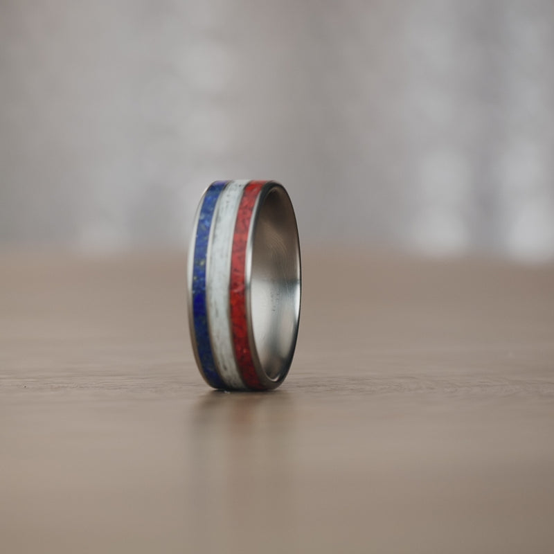 Custom-Mens-Titanium-Wedding-Band-Lapis-Lazuli-Red-Opal-Elk-Antler-rustic-and-main