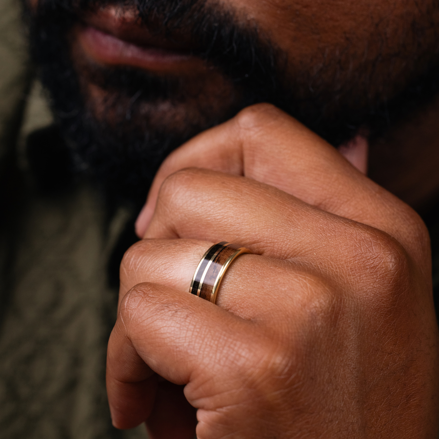 The Western Front Men's Gold Wedding Band with 1903 Springfield Rifle Stock Wood & WWI Uniform