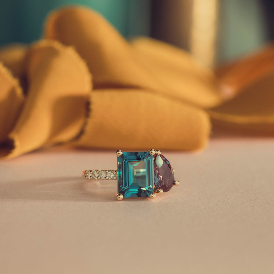 toi-et-moi-engagement-ring-pear-shaped-alexandrite-emerald-cut-london-blue-topaz-the-elara-rustic-and-main