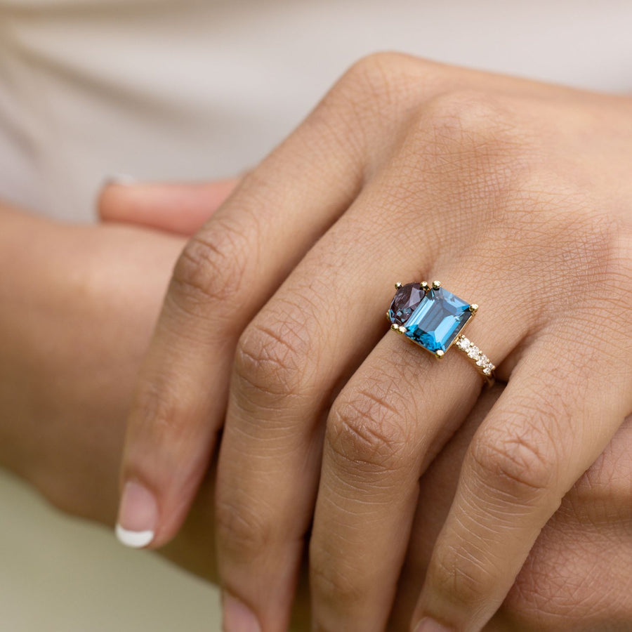 toi-et-moi-engagement-ring-pear-shaped-alexandrite-emerald-cut-london-blue-topaz-the-elara-rustic-and-main