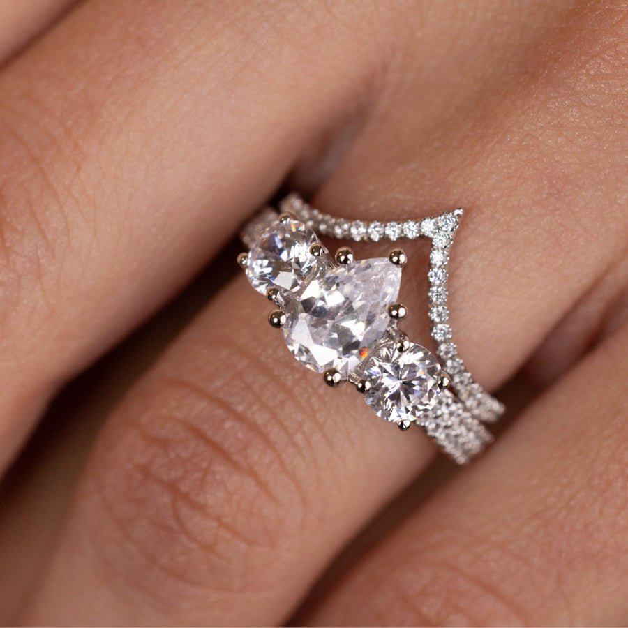 The Elenor & Vesper | Three-Stone Pear-Cut Diamond & V-Shaped Contour Bridal Set