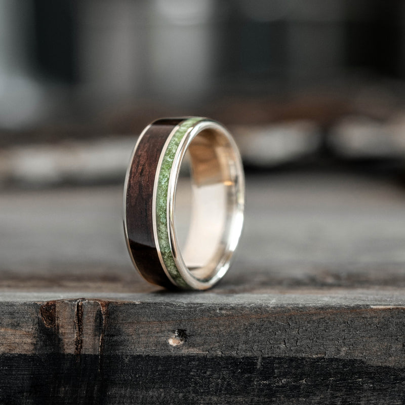 (In-Stock) The Sage in Gold | Men's 10k White Gold Wedding Band with Rosewood & Imperial Diopside - Size 9 | 7mm Wide