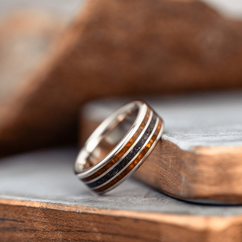 The Saros in Gold | Men's Gold Wedding Band with Meteorite & Fossilized Amber