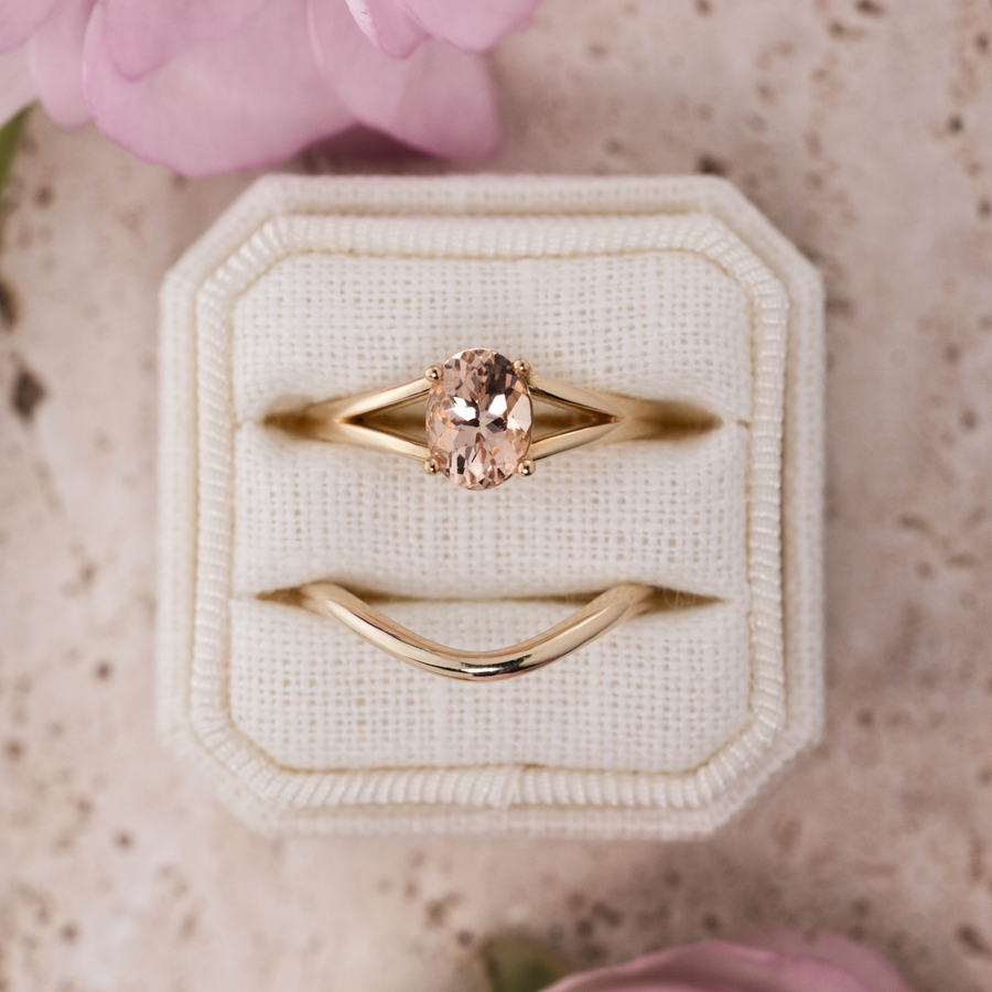 The Sedona & Lumen | Oval Peach Morganite Engagement Ring & Gold Contour Bridal Set