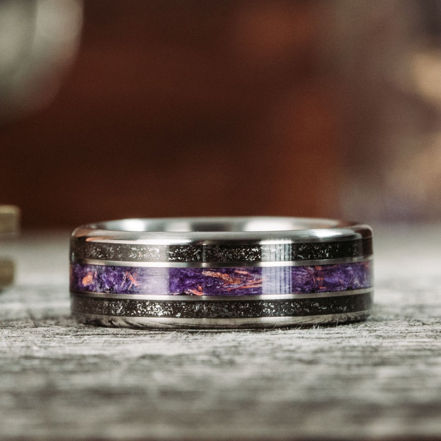 sky-to-field-mens-titanium-wedding-band-with-meteorite-and-sea-lavender-inlays
