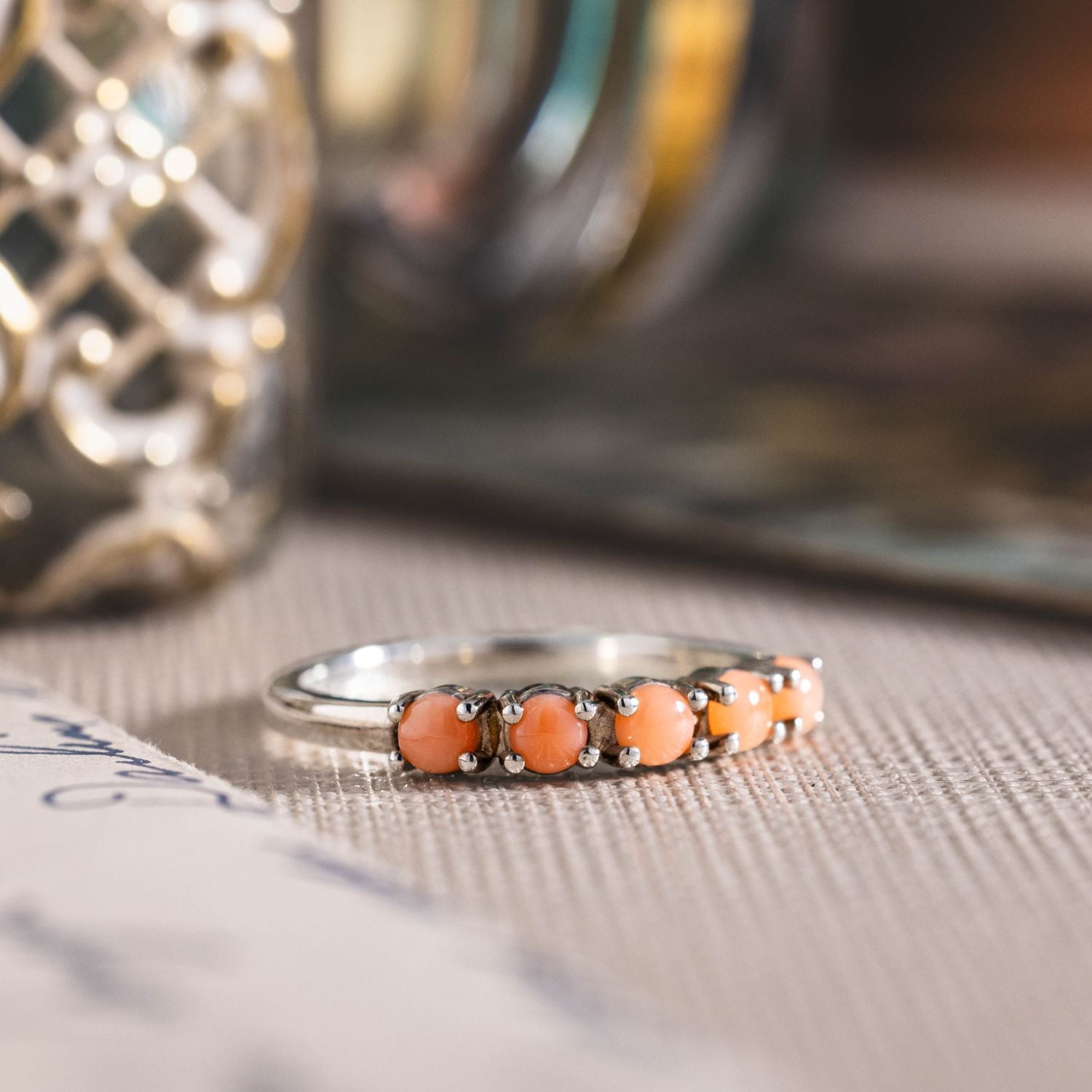 The Auralie | Natural Pink Coral Half Eternity Band – Rustic and Main