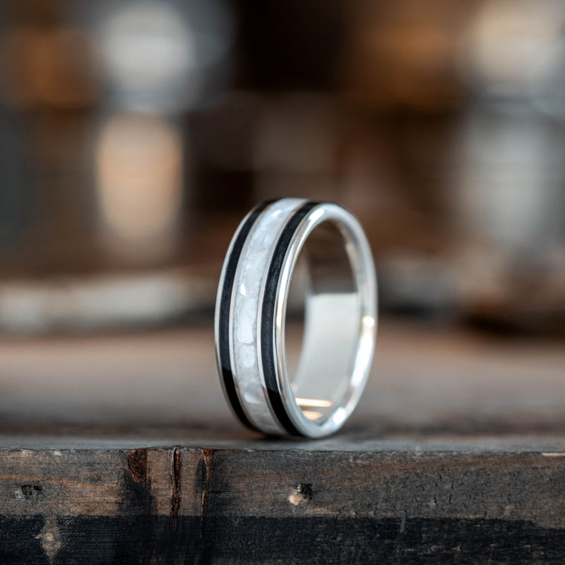 The Pearl | Silver Wedding Band with Whiskey Barrel Wood and Pearl Inlays
