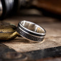 (In-Stock) The Dark Star in Silver | Men's Sterling Silver Wedding Band with Whiskey Barrel & Meteorite - Size 10.5 | 8mm Wide
