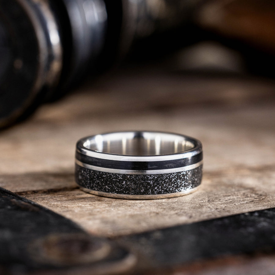 (In-Stock) The Dark Star in Silver | Men's Sterling Silver Wedding Band with Whiskey Barrel & Meteorite - Size 10.5 | 8mm Wide