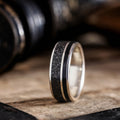 (In-Stock) The Dark Star in Silver | Men's Sterling Silver Wedding Band with Whiskey Barrel & Meteorite - Size 10.5 | 8mm Wide