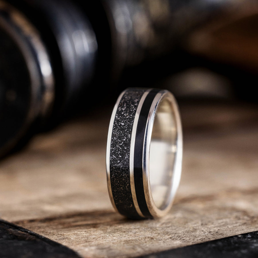 (In-Stock) The Dark Star in Silver | Men's Sterling Silver Wedding Band with Whiskey Barrel & Meteorite - Size 10.5 | 8mm Wide