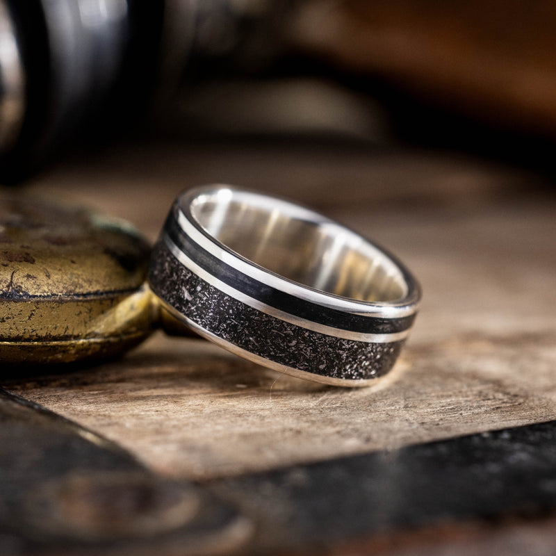 The Dark Star in Silver | Men's Whiskey Barrel & Meteorite Sterling Silver Wedding Band