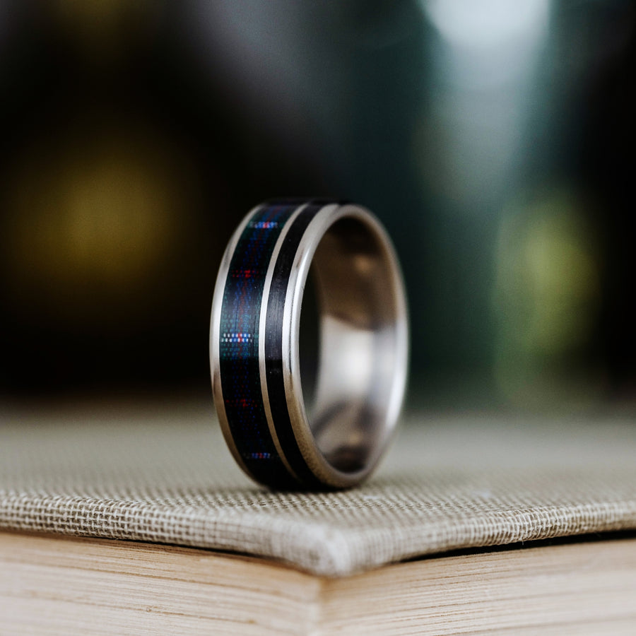 (In-Stock) The Celtic - Scottish National Tartan | Men's Titanium Wedding Band with Whiskey Barrel & Tartan - Size 9.25 | 8mm Wide