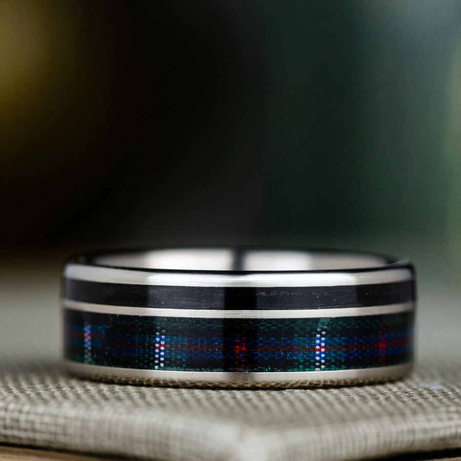 (In-Stock) The Celtic - Scottish National Tartan | Men's Titanium Wedding Band with Whiskey Barrel & Tartan - Size 9.25 | 8mm Wide